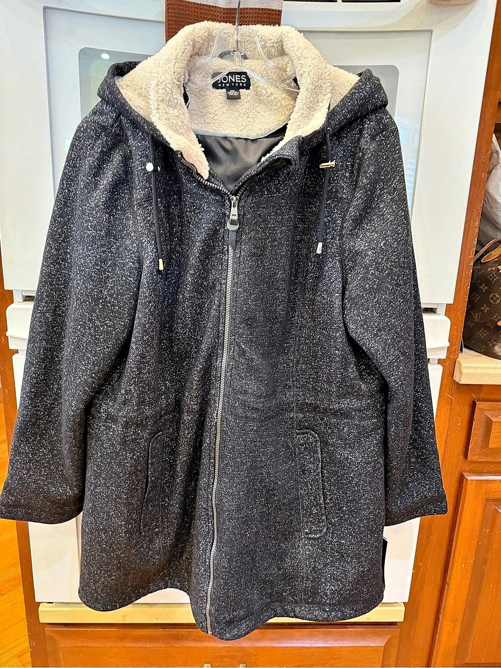 Jones New York Hooded Sherpa-Lined Hooded Coat in Gray New With Tags